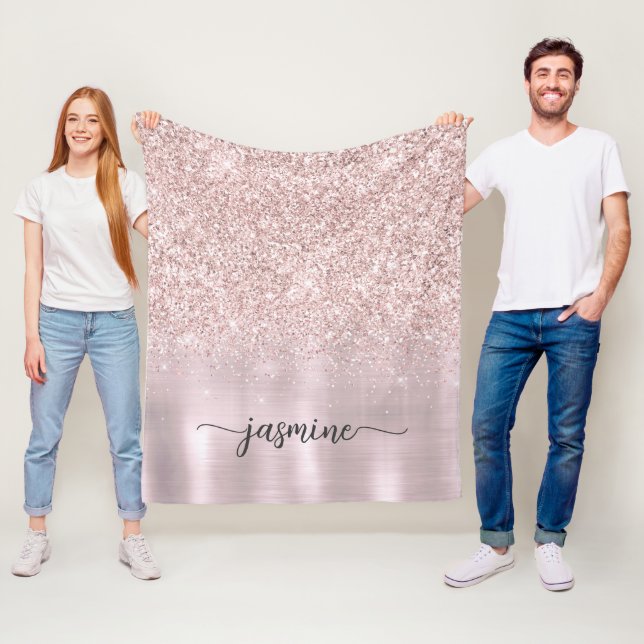 Rose Gold Glitter Metallic Monogram Name Script Fleece Blanket (In Situ)