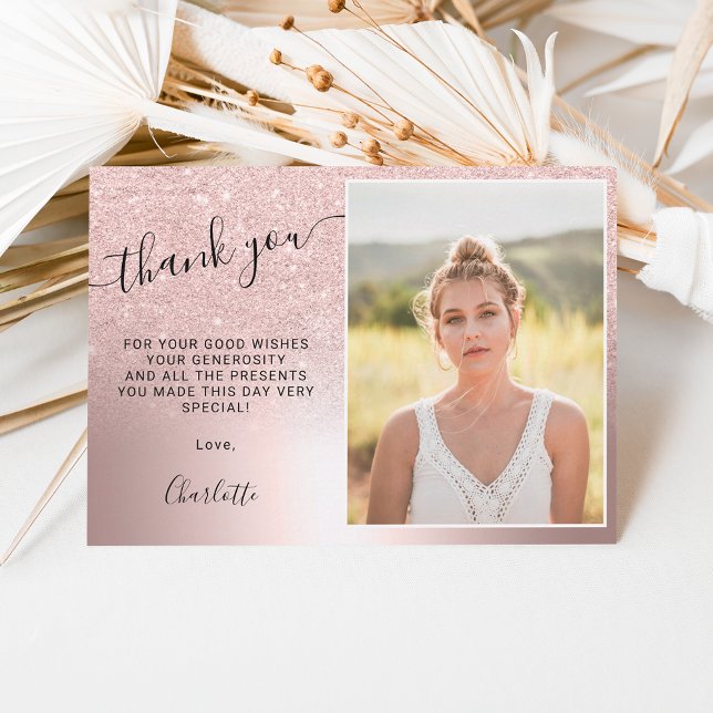 Rose gold glitter metallic ombre 3 photos Sweet 16 Thank You Card (Creator Uploaded)