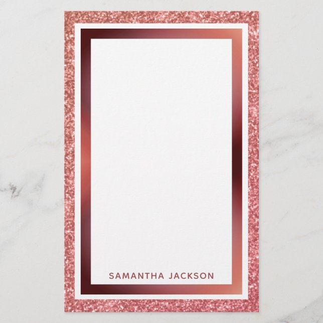 Rose Gold Glitter Metallic Pink Frame with Name Stationery (Front)