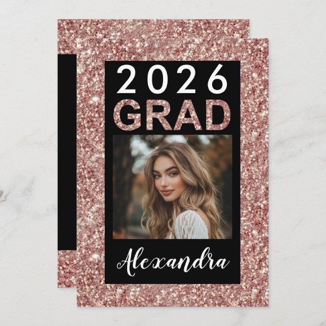 Rose Gold Glitter Modern 2021 Photo Graduation Invitation (Front/Back)