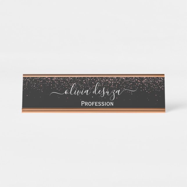 Rose Gold Glitter Modern Desk Nameplate (Front)