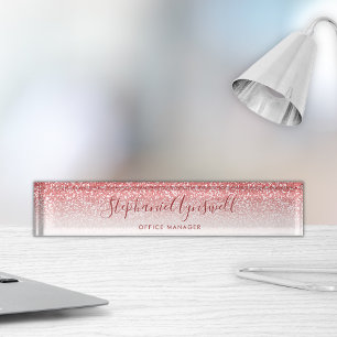Rose Gold Glitter Modern Ombre Script Nameplate