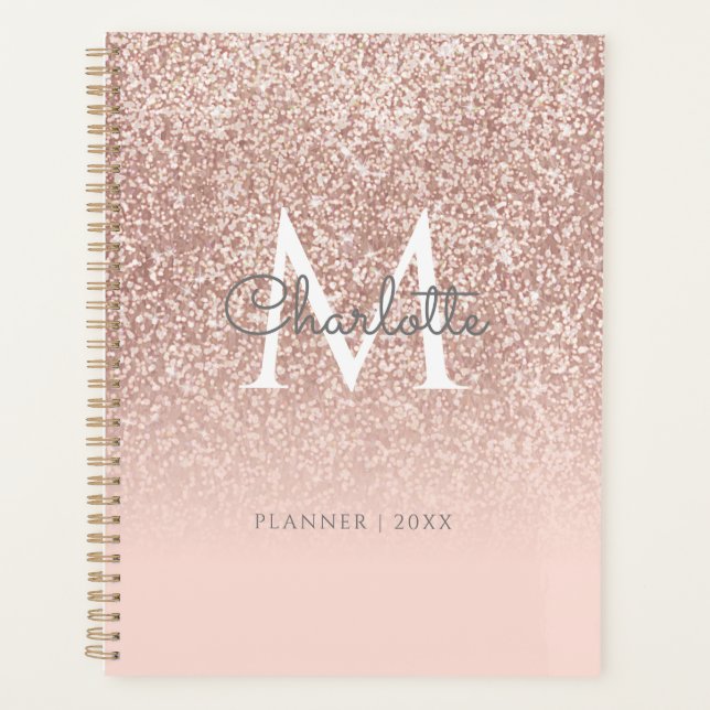 Rose Gold Glitter Monogram Blush Pink 2023 Planner (Front)