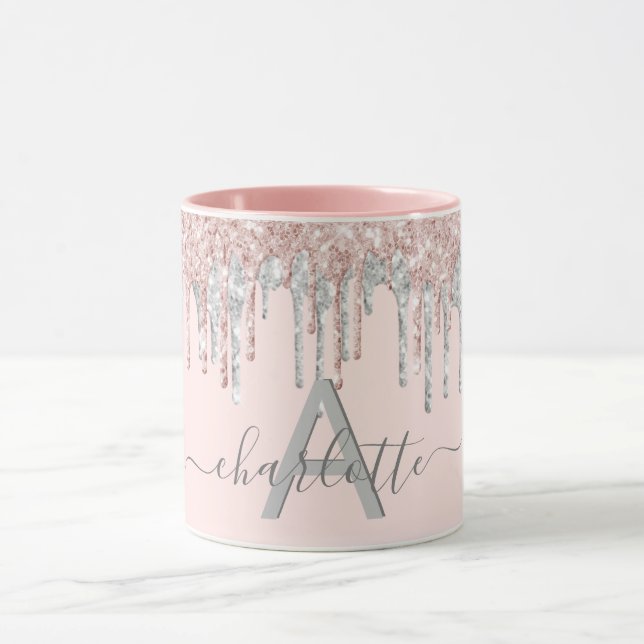 Rose gold glitter monogram blush pink silver grey mug (Center)