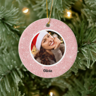 Rose Gold Glitter Monogram   Girly Modern PHOTO Ceramic Tree Decoration