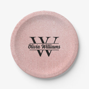 Rose Gold Glitter Monogram   Girly Modern Sparkle  Paper Plate