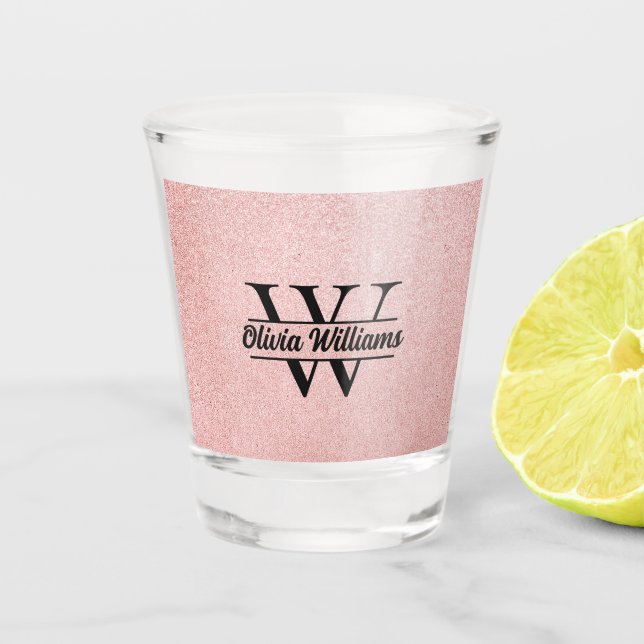 Rose Gold Glitter Monogram | Girly Modern Sparkle  Shot Glass (Front)