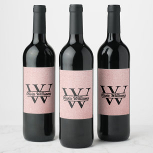 Rose Gold Glitter Monogram   Girly Modern Sparkle  Wine Label