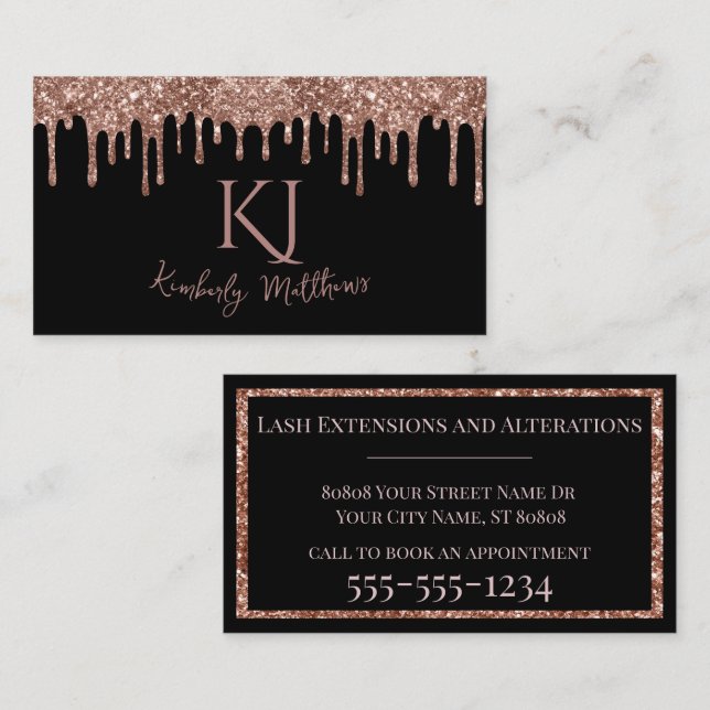 Rose Gold Glitter Monogram Initials on Black Business Card (Front/Back)