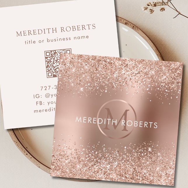 Rose Gold Glitter Monogram Logo Square Business Card (Rose Gold Glitter Monogram Logo Square Business Card)