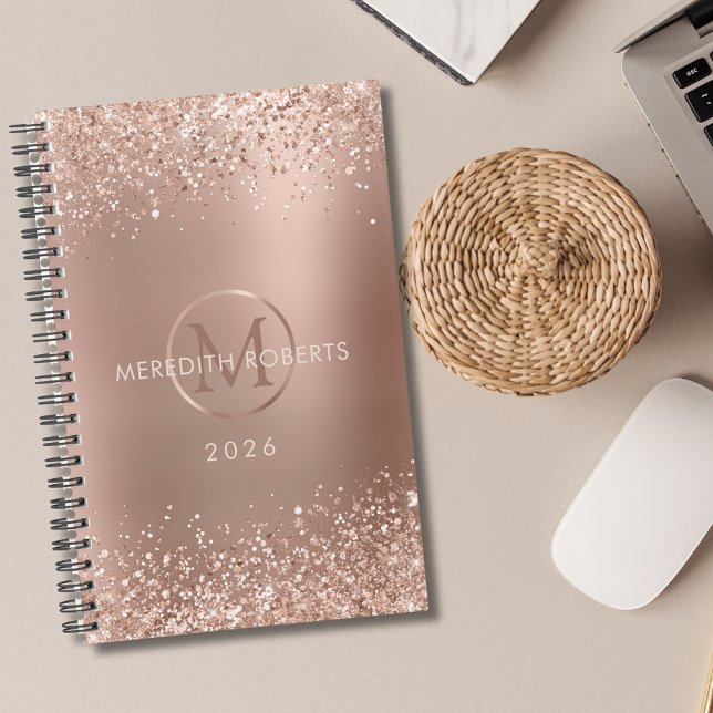 Rose Gold Glitter Monogram Name 2026 Planner (Rose Gold Foil Blush Glitter Monogram Name Personalized 2026 Planner)