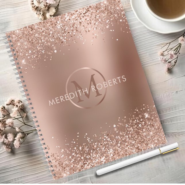 Rose Gold Glitter Monogram Name Notebook (Rose Gold Foil Blush Glitter Monogram Name Notebook 8.5x11)