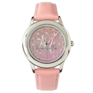 Rose Gold Glitter Monogrammed Girly Pink Watch