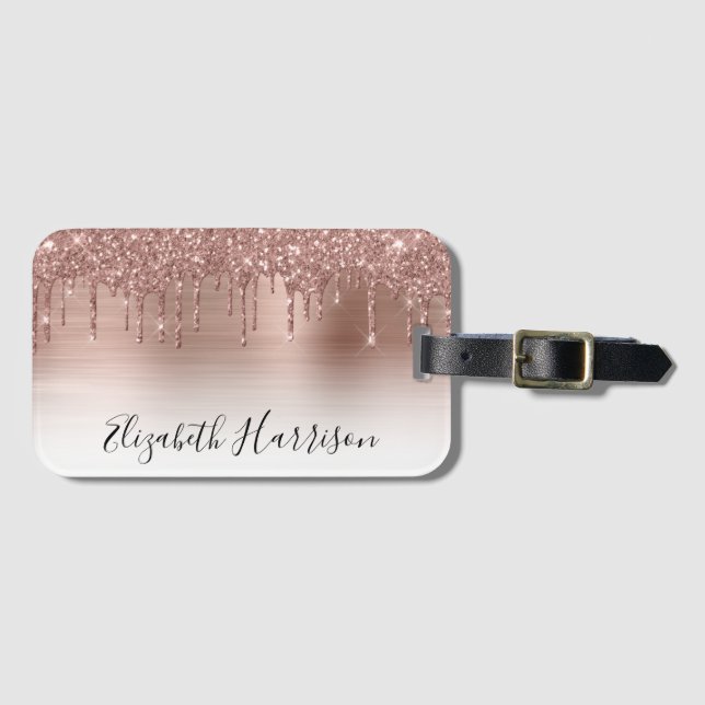 Rose Gold Glitter Monogrammed Luggage Tag (Front Horizontal)