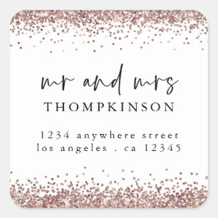 Rose Gold Glitter Mr Mrs Name Return Address White Square Sticker