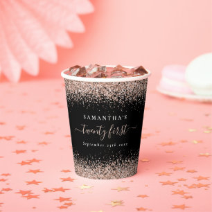 Rose Gold Glitter Name Date 21st Party Black Paper Cups