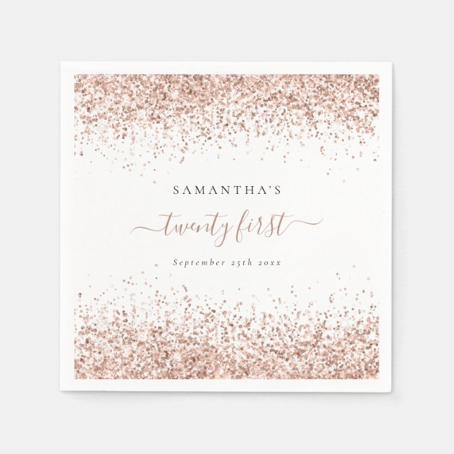 Rose Gold Glitter Name Date Twenty First Party Napkin (Front)
