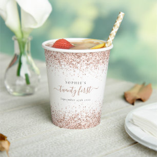 Rose Gold Glitter Name Date Twenty First Party Paper Cups