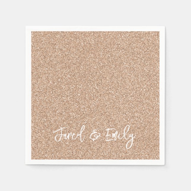 Rose Gold Glitter NAME & NAME Elegant Chic Wedding Napkin (Front)