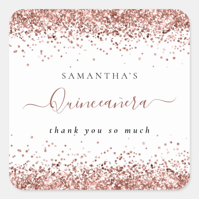 Rose Gold Glitter Name Quinceañera Thank You Square Sticker (Front)