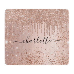 Rose gold glitter name script cutting board