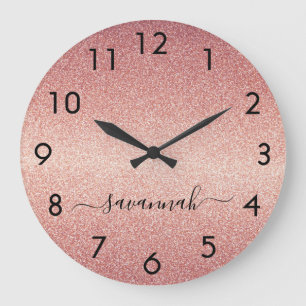 Rose gold glitter name script large clock