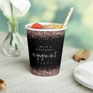 Rose Gold Glitter Names Engagement Party Black Paper Cups