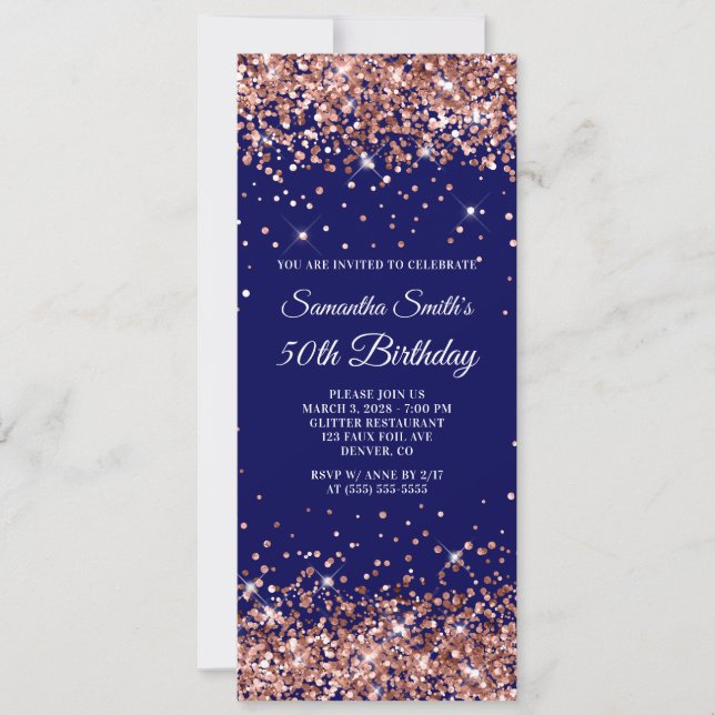 Rose Gold Glitter Navy 50th Birthday Invitation (Front)