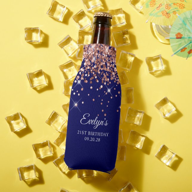 Rose Gold Glitter Navy Blue 21st Birthday Bottle Cooler (In Situ Summer)