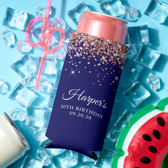 Rose Gold Glitter Navy Blue 50th Birthday Seltzer Can Cooler (In Situ Summer)