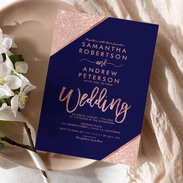 Rose gold glitter navy blue budget wedding (Rose gold glitter typography navy blue wedding invitation)