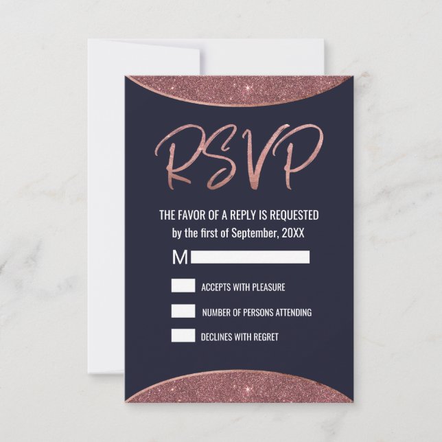 Rose Gold Glitter Navy Blue Circular RSVP Card (Front)