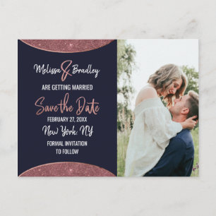 Rose Gold Glitter Navy Blue Circular Save the Date Announcement Postcard
