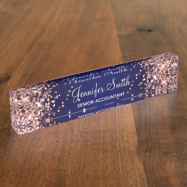 Rose Gold Glitter Navy Blue Gradient Nameplate (Side)
