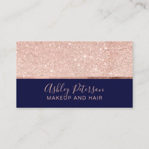 Rose gold glitter navy blue hair makeup typography business card