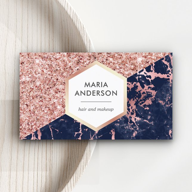 Rose Gold Glitter Navy Blue Marble Makeup Artist Business Card (Creator Uploaded)