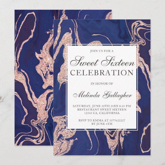 Rose gold glitter navy blue marble sweet sixteen invitation (Front/Back)