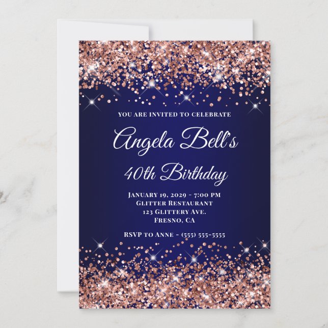 Rose Gold Glitter Navy Blue Monogram 40th Birthday Invitation (Front)
