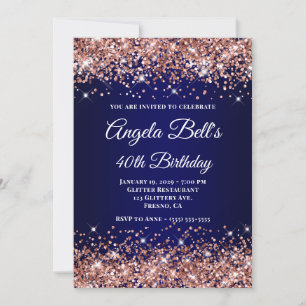 Rose Gold Glitter Navy Blue Monogram 40th Birthday Invitation