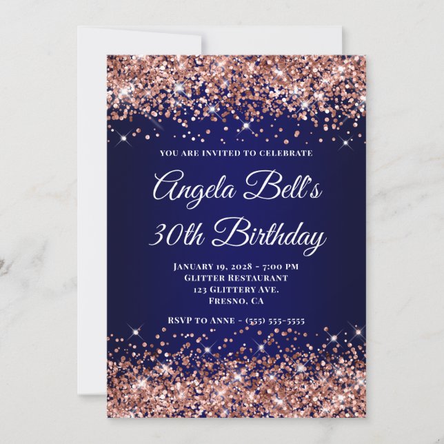 Rose Gold Glitter Navy Blue Ombre 30th Birthday Invitation (Front)