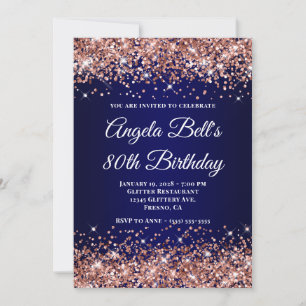 Rose Gold Glitter Navy Blue Ombre 80th Birthday Invitation