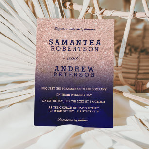 Rose gold glitter navy blue watercolor wedding invitation