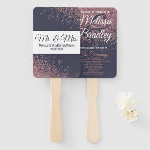 Rose Gold Glitter Navy Blue Wedding Programs Hand Fan
