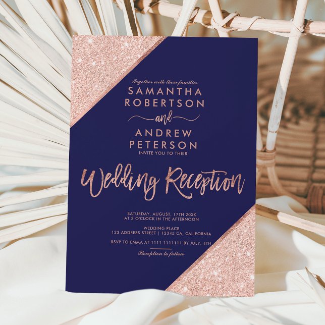 Rose gold glitter navy blue wedding reception invitation (Creator Uploaded)