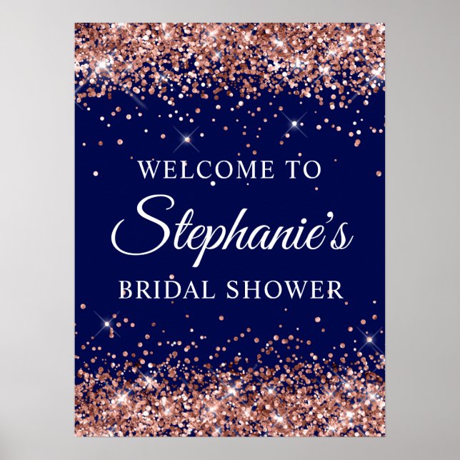 Rose Gold Glitter Navy Bridal Shower Welcome Poster (Front)