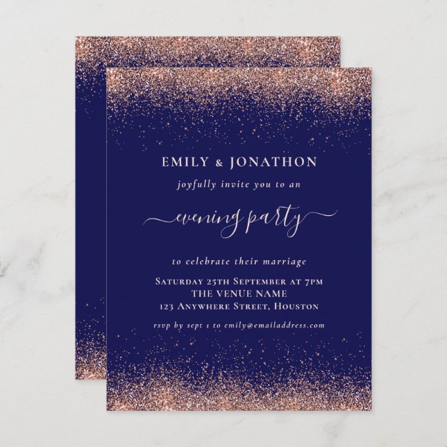 Rose Gold Glitter Navy Evening Party Wedding Invitation (Front/Back)