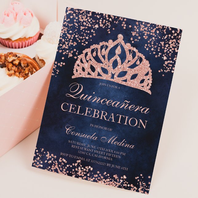 Rose gold glitter navy photo tiara Quinceañera Invitation (Creator Uploaded)