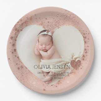 Rose Gold Glitter Newborn Photo Birth Stats  Paper Plate