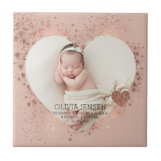 Rose Gold Glitter Newborn Photo Birth Stats  Tile