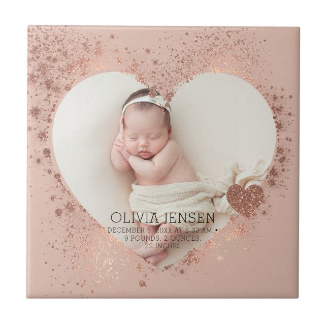 Rose Gold Glitter Newborn Photo Birth Stats  Tile (Front)